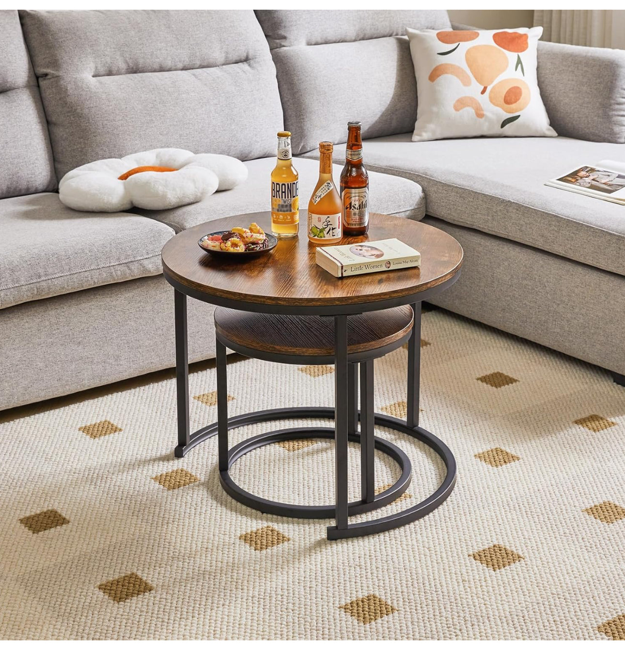 Round Nesting Table, Removable Set of 2 Coffee Tables