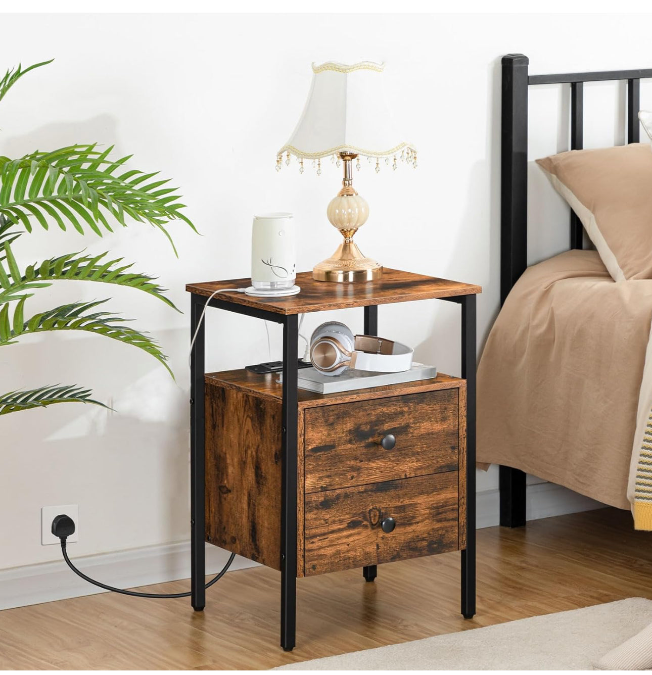 2 Bedside Table, Side Table with Charging Station