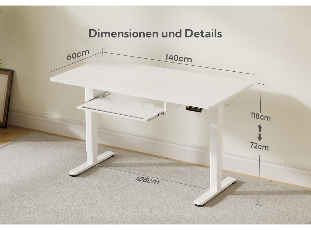 Electric Standing Desk with Keyboard Tray, 140x60