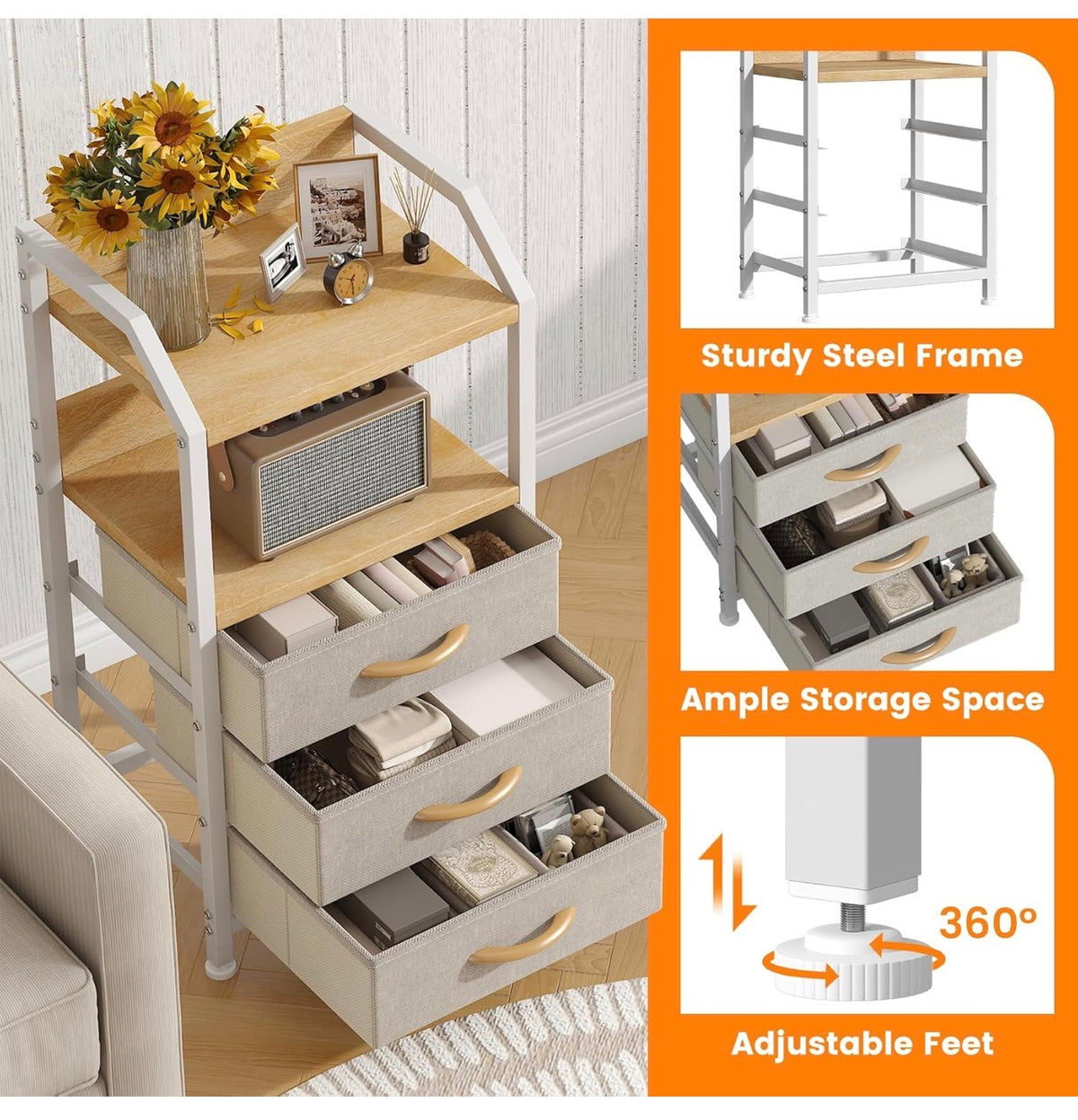 Bedside Table with 3 Fabric Drawers and Open Shelf, Nightstand for Bedroom, Living Room, Small Spaces – Metal Frame & Wooden Top, Compact Sofa End Table with Storage for Home Décor, Khaki