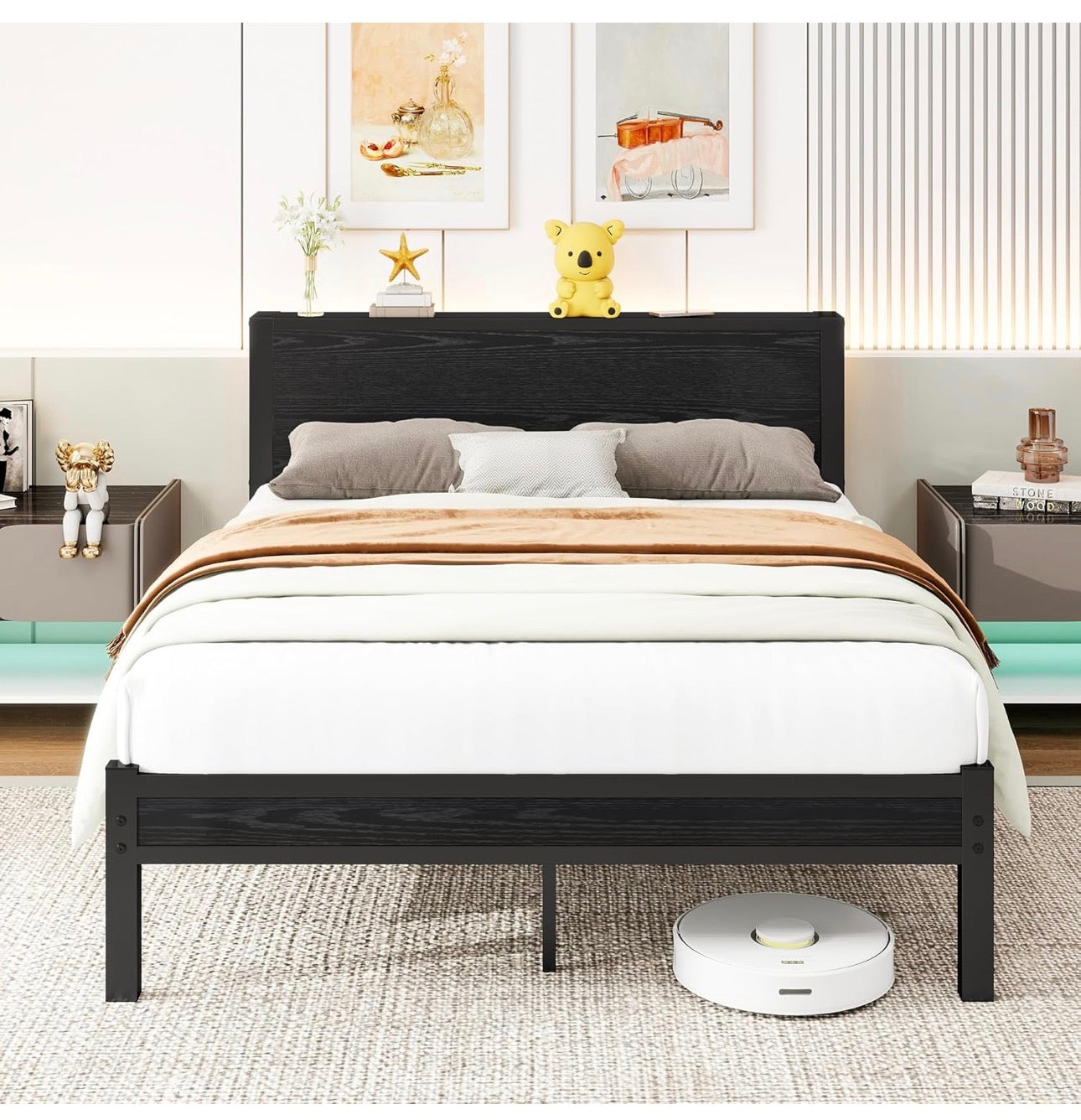 Double Bed Frame Metal Platform Bed Frame with Wood Headboard