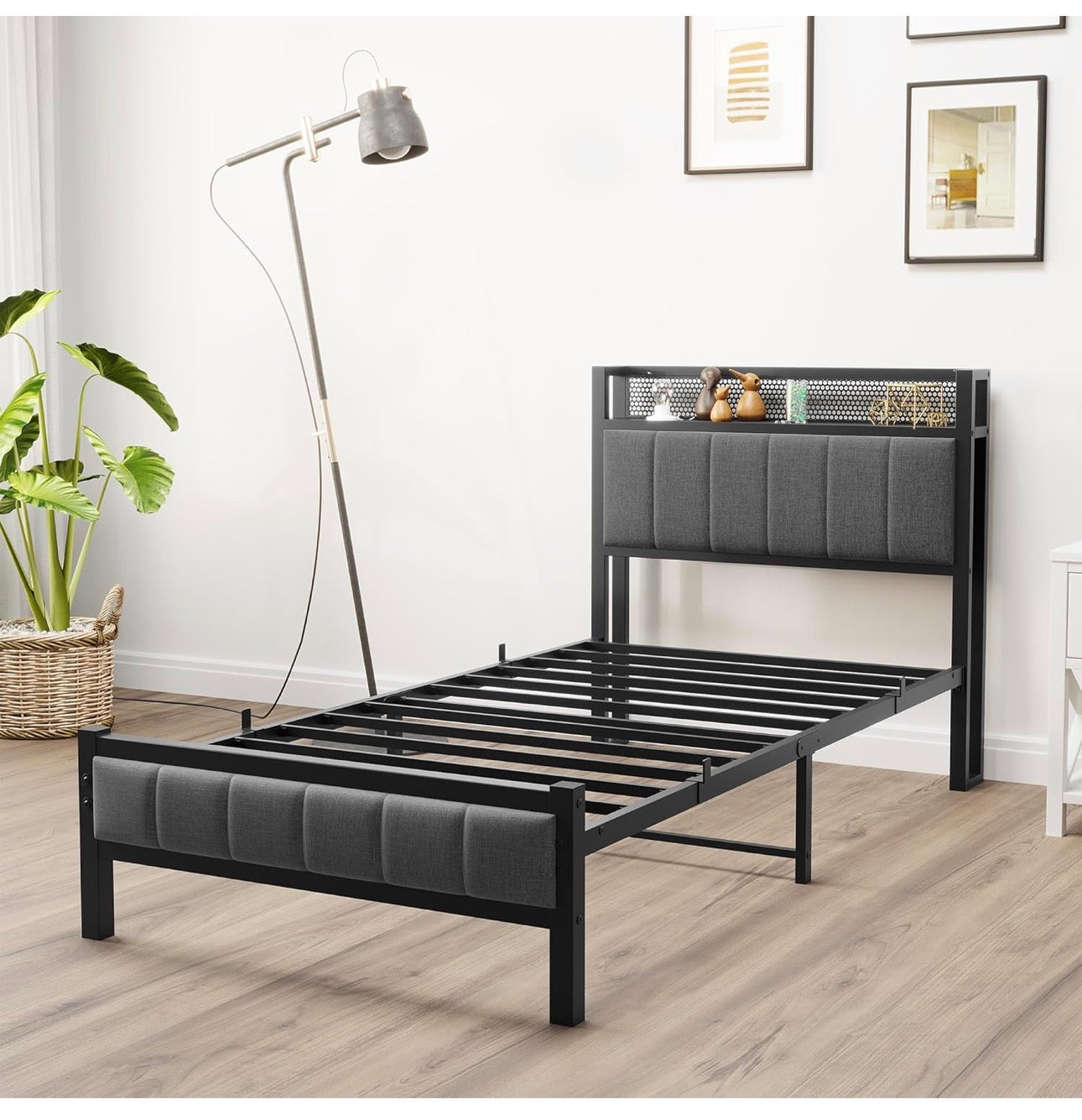 3ft Single Bed Frame With Storage Headboard, Upholstered Platform Bed Frame/Mattress Foundation/Metal Slat Support/No Box Spring Needed/Dark Grey bed frames single