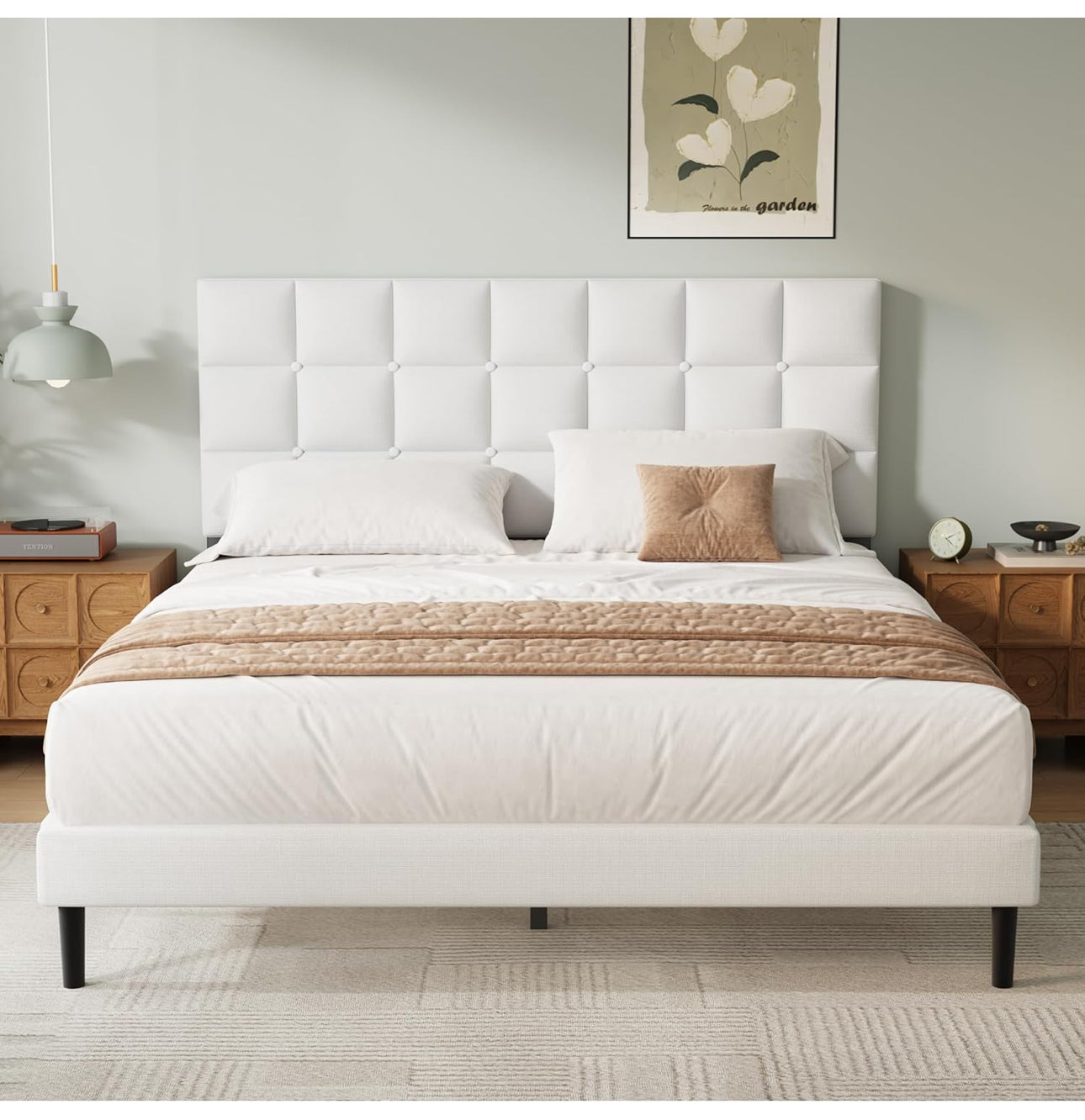 King Bed Frame, Easy Assembly, Sturdy Wooden Slat Support, Upholstered Platform with Headboard