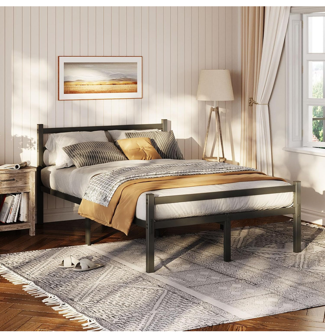4ft6 Double Bed Frame with Headboard, Black Metal