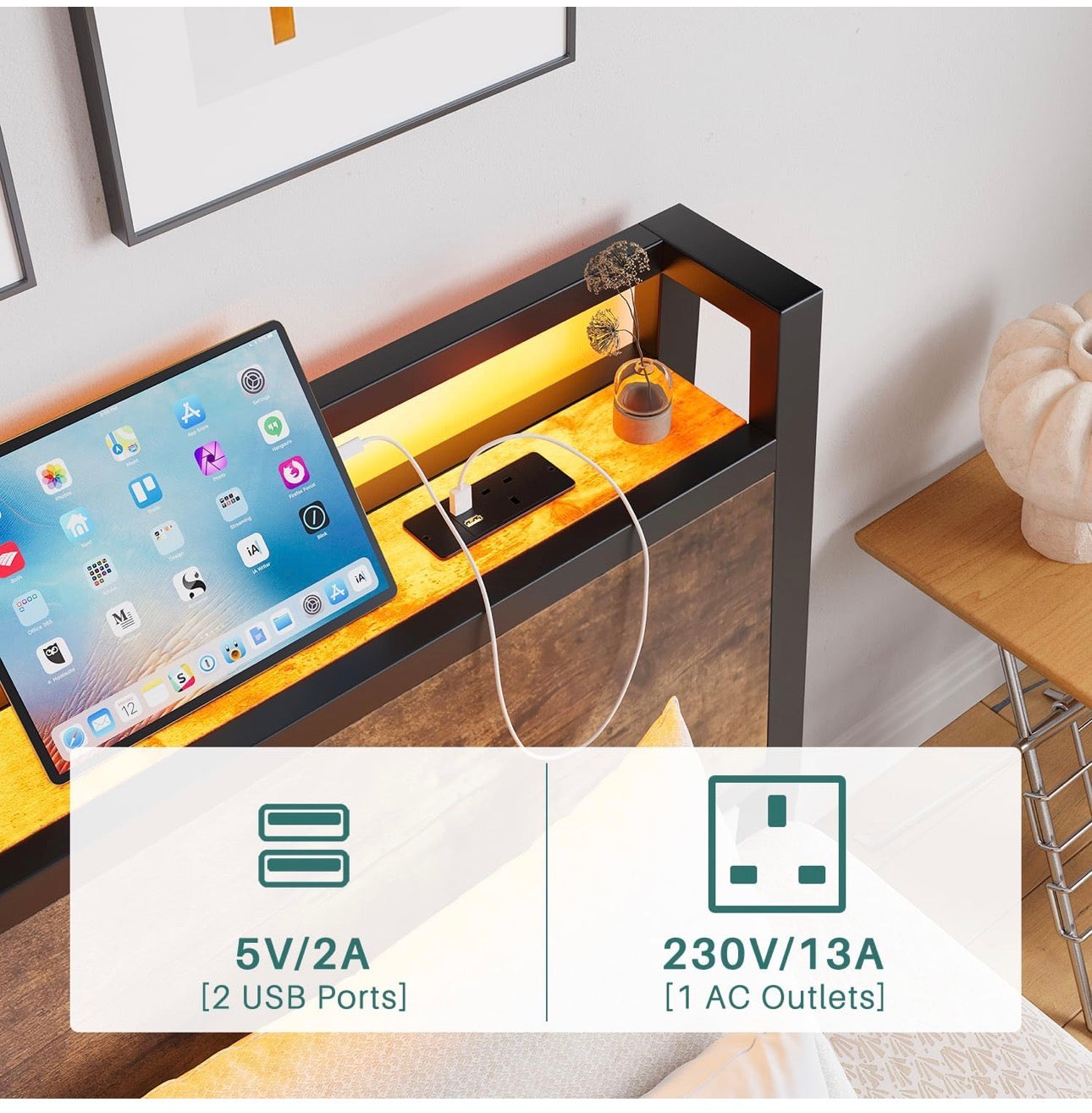 3ft Single Bed Frame with Charging Station and LED Lights, Wood Headboard with Storage Shelves, Heavy Duty Metal Slats, No Box Spring Needed, Noise Free, Easy Assembly,Black