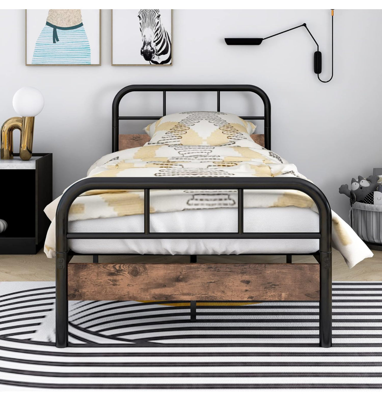 Single Bed Frame with Wooden Headboard