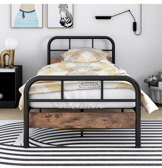 Single Bed Frame with Wooden Headboard