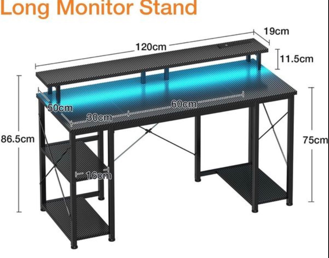 Gaming Desk with LED Lights, 120x50 cm