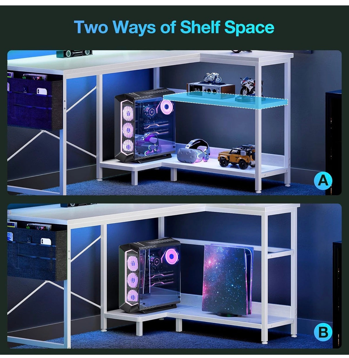 L Shaped Gaming Desk with LED Lights & Power Outlet, 100x70 cm