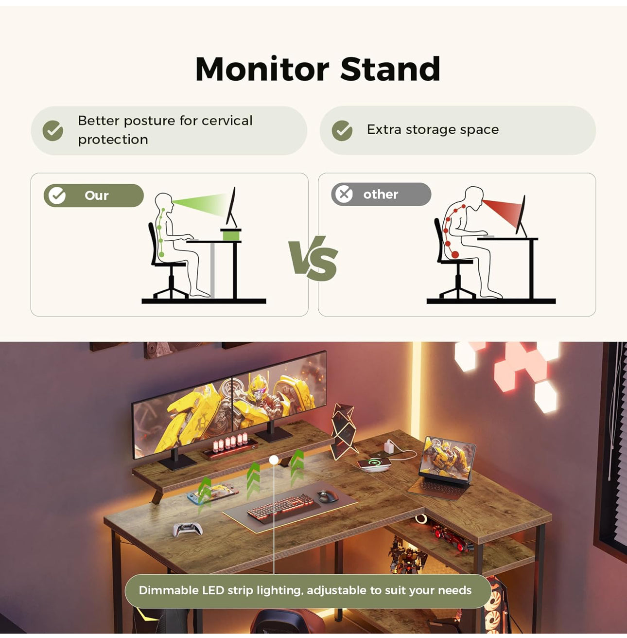 L-Shaped Desk with LED, 120x70cm