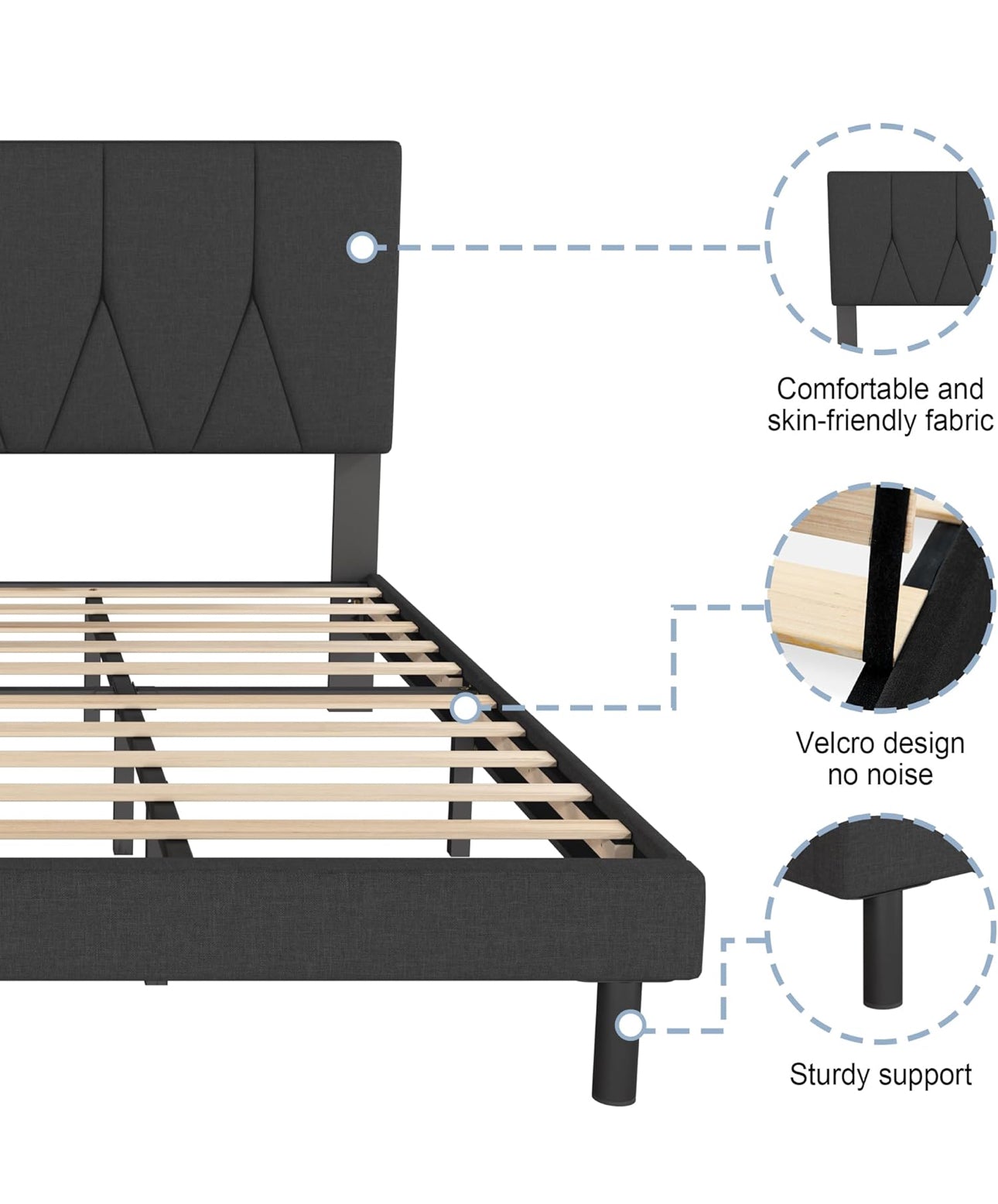King Bed Frame, Dark Grey, Upholstered Wooden Slat