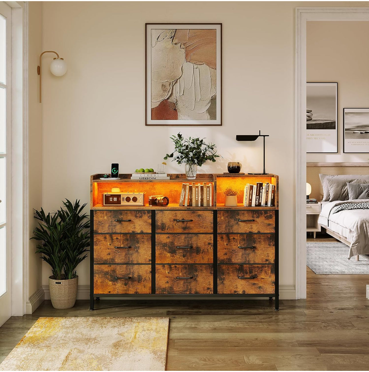 Chest of Drawers Bedroom, Dresser Cabinet with 2 Sockets,