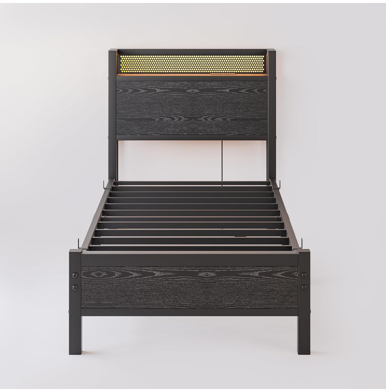 Single Bed Frame with Storage Headboard Shelf,LED Lights,3ft Metal Bed Frame Single Bed with Charging Station