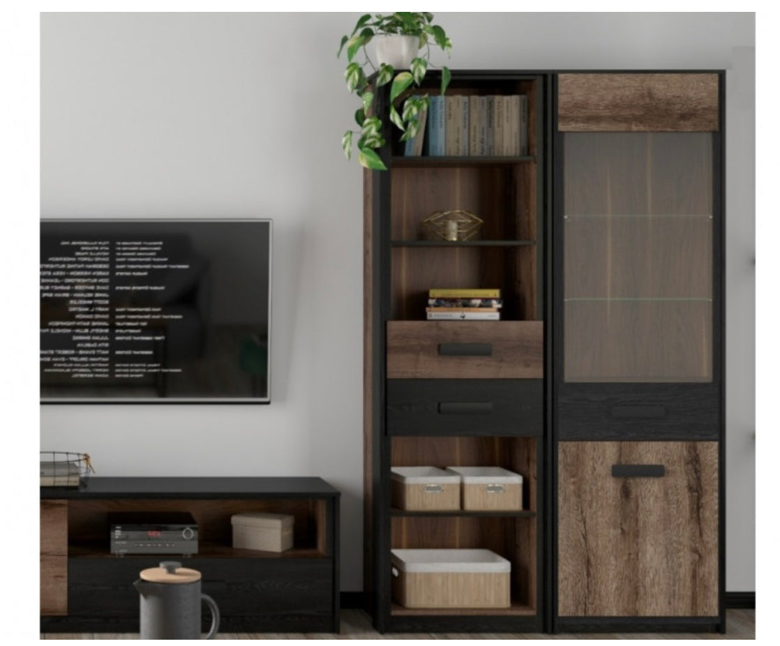 Bookcase Tall Slim Shelf Unit with Drawers Storage Display Shelving Cabinet Oak/Black Effect