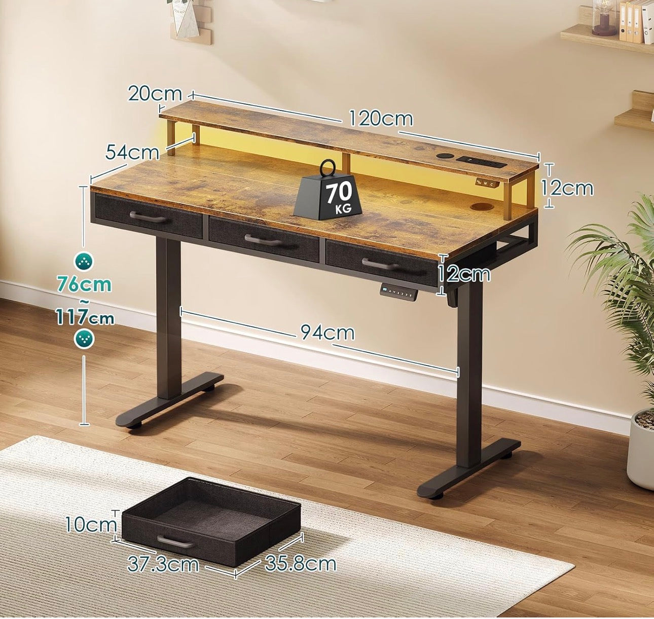Standing Desk with 3 Storage Drawers, 120cm Height Adjustable Desk
Electric Sit Stand Table with Monitor Stand, LED Lights, Power Outlet, Space Saving for Small Home Office Living Room, Brown