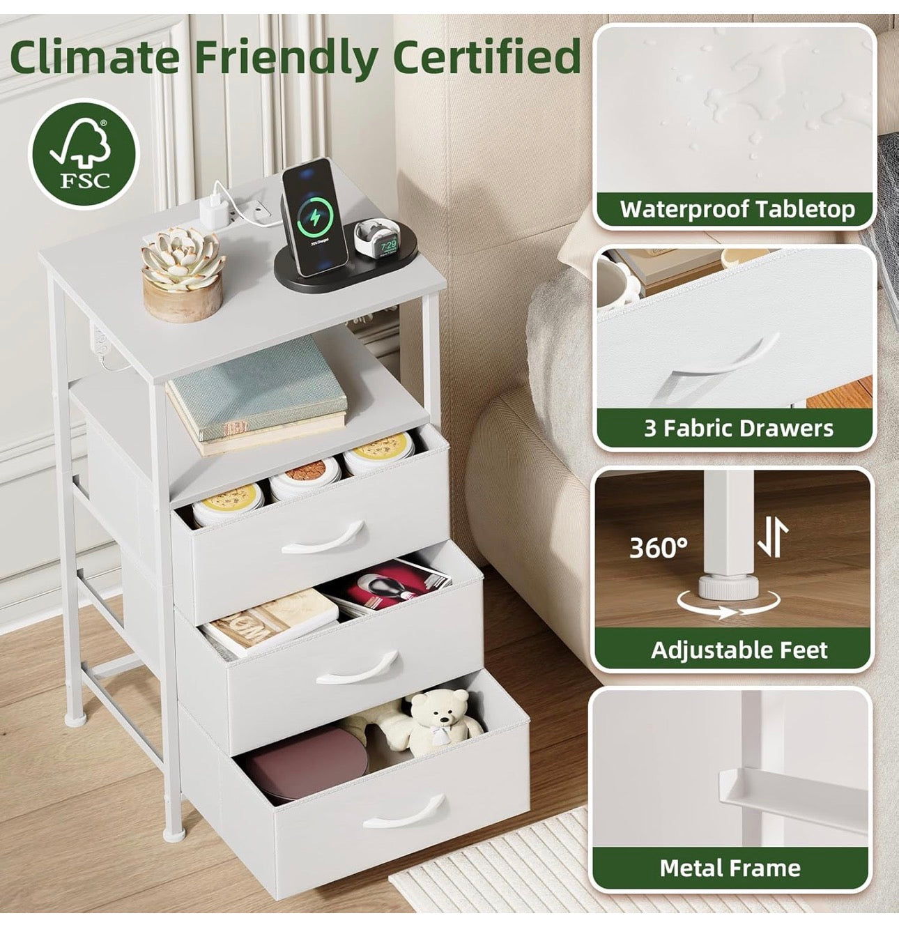 3 Drawers Chest of Drawers for Bedroom with Charging Station and LED Light, Bedside Table with 2 Outlets and 2 USB Ports, Bed Side Table Cabinet for Dorm Kids Room Closet, White Leather