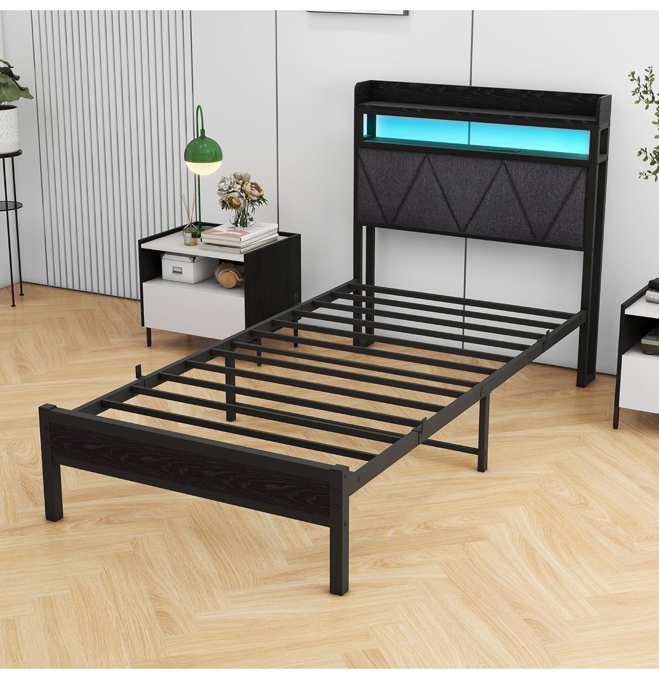 3ft Single Bed Frame with LED Lights Storage Upholstered Headboard and Charging Station