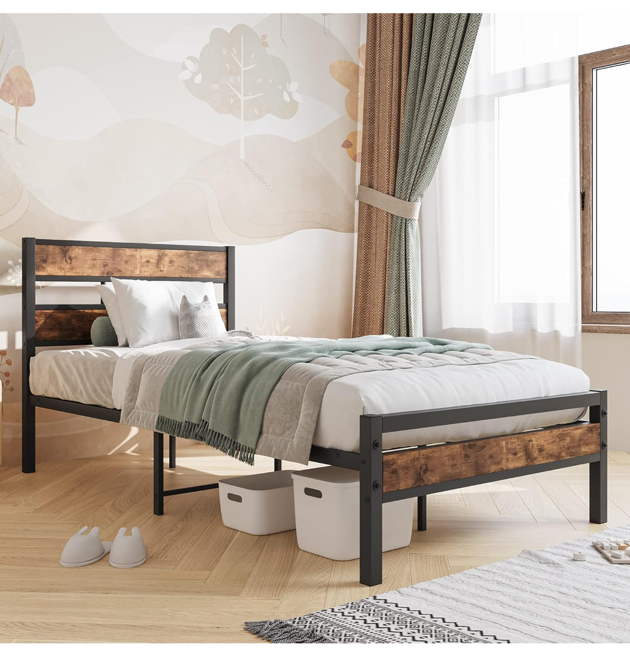 Single Bed Frame with Storage, Metal Bed Frame