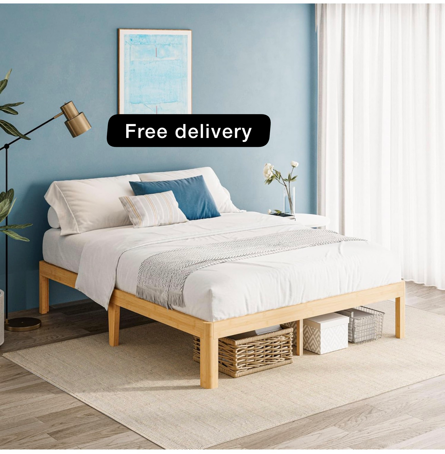 Bamboo Wood King Size Bed Frame with Metal Slats