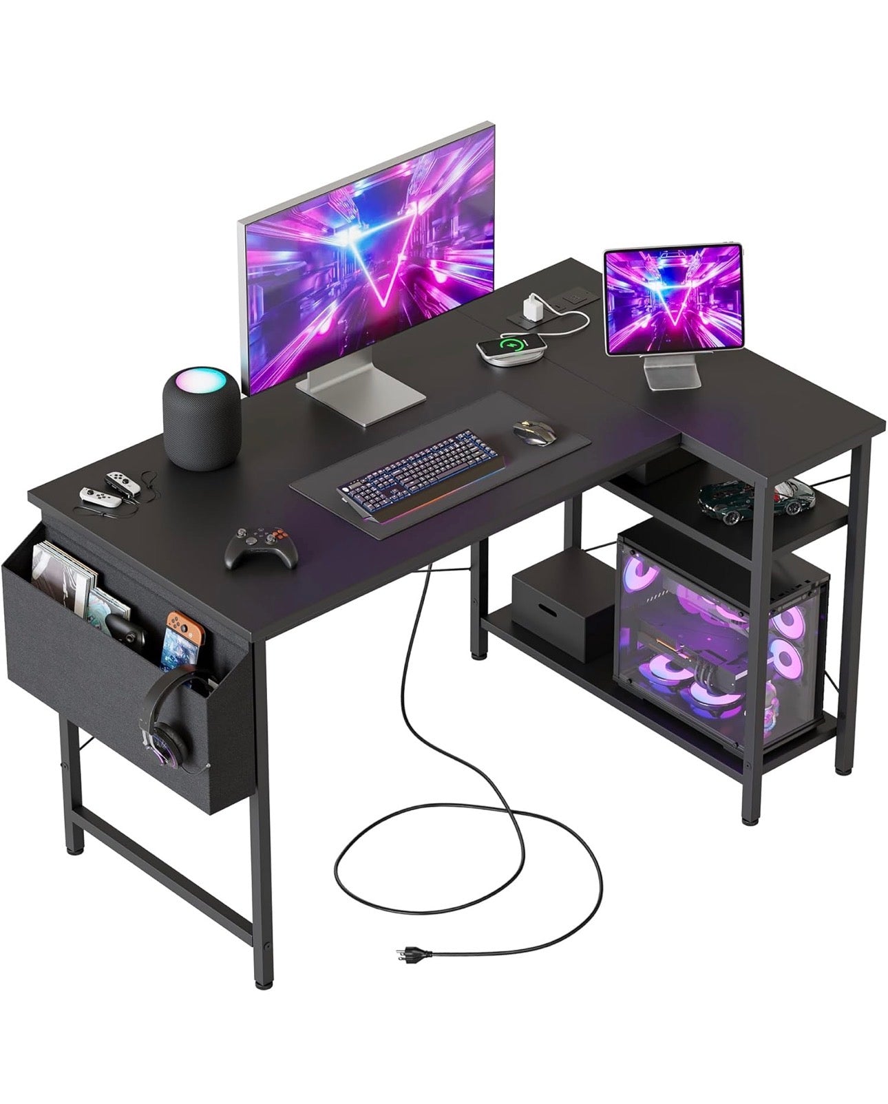 L Shaped Desk with Power Outlets,100 cm L Computer Corner Desks with Reversible Shelves