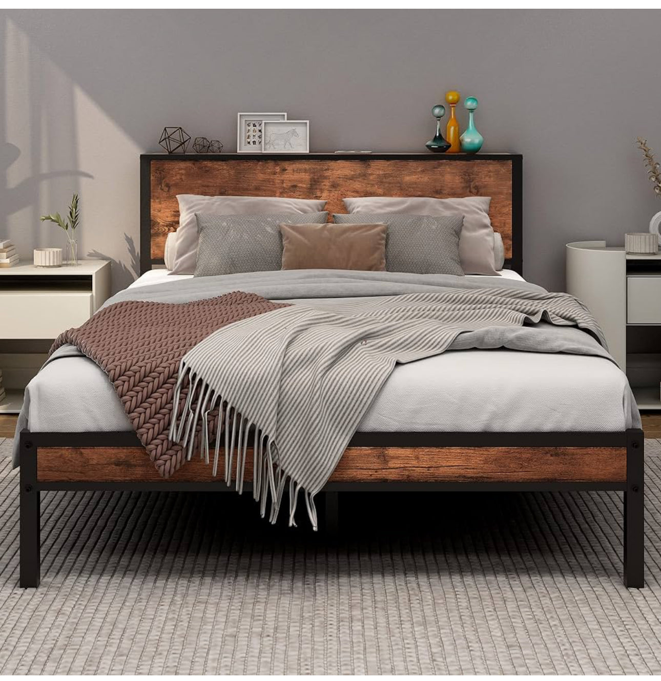 Bed Frame with Wooden Storage Shelf Headboard, Metal Platform Bed Frame Double