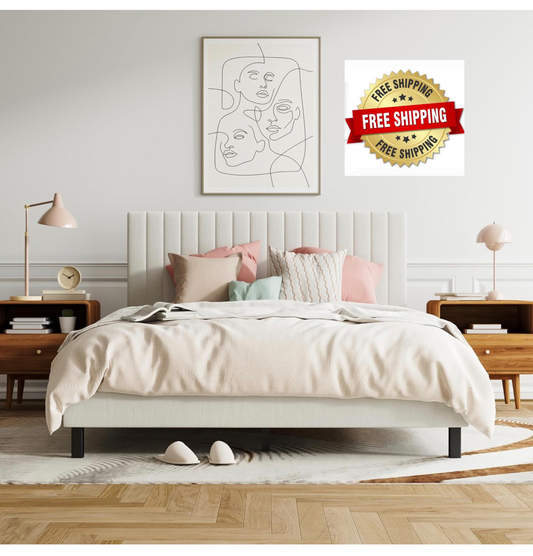4ft6 Double Bed Frame, Upholstered Platform Bed with Adjustable Velvet Headboard, Sturdy Wooden Slats, Silent Design, No Spring Mattress Required, Easy Assembly （Beige,Double）