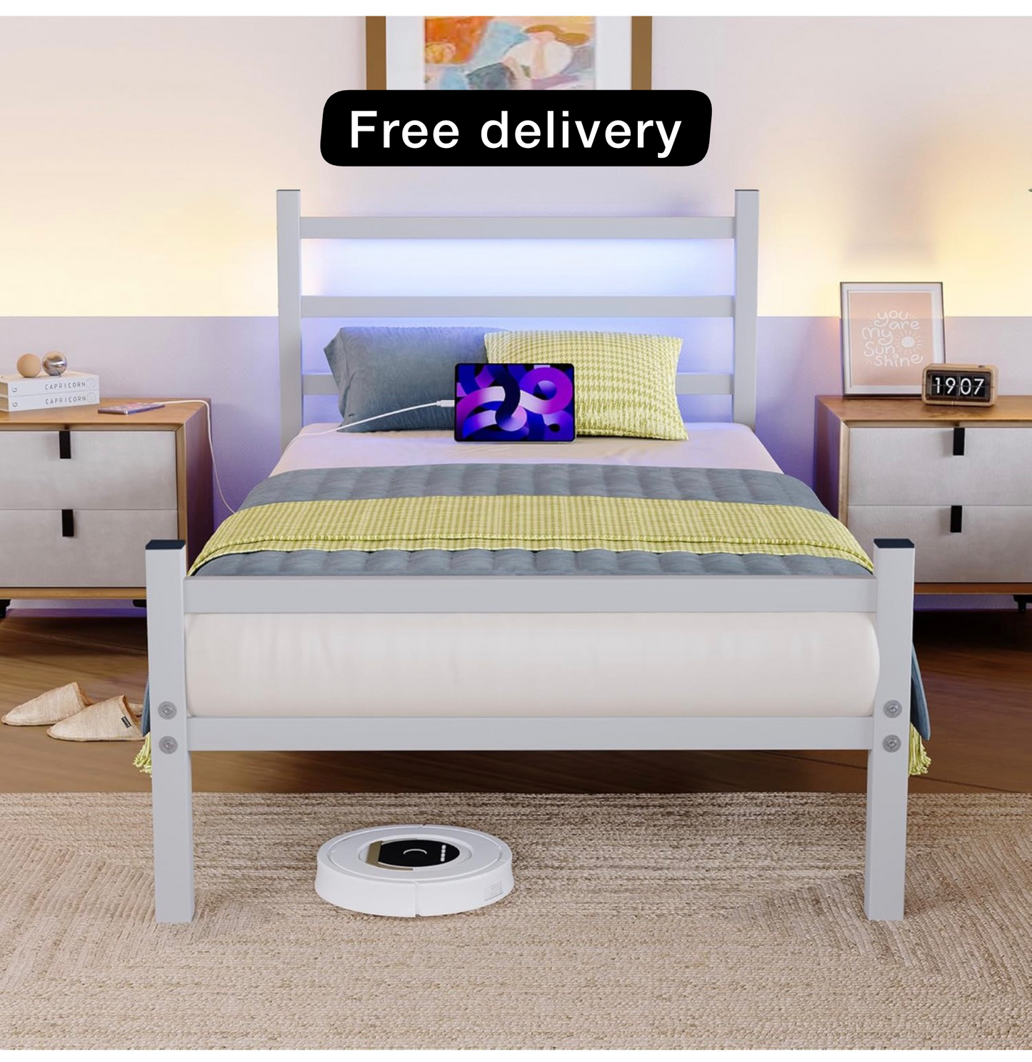 Single Bed Frame with Headboard&LED Lights,Heavy Duty Metal Platform Bed Frame Single with Charging Station,3ft Bed Base with Strong Slats Support,UnderBed Storage,Easy Assembly,White