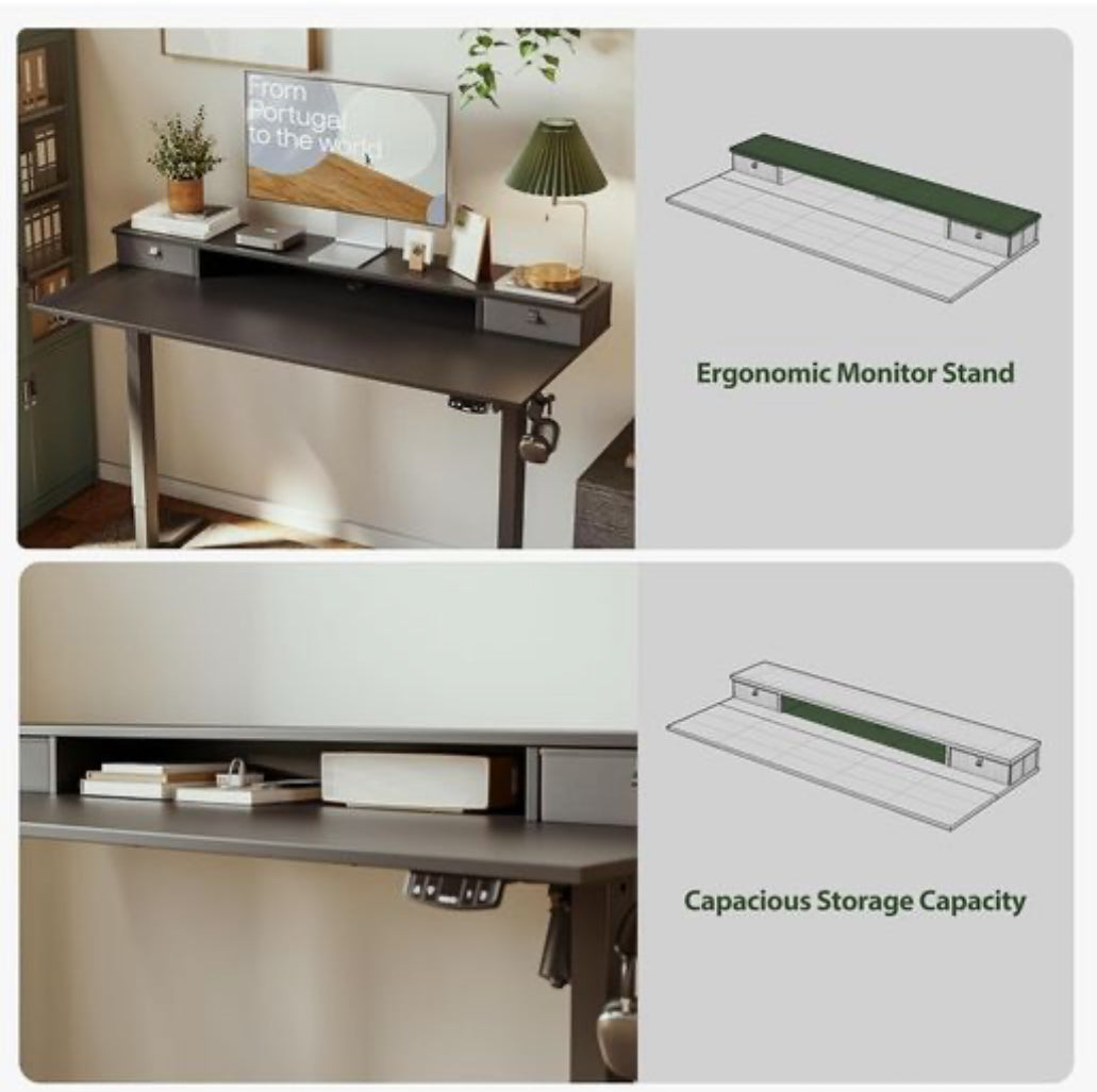 Height Adjustable Desk with Two Drawers, 120 x 60 cm Electric Computer Desks with Memory Function