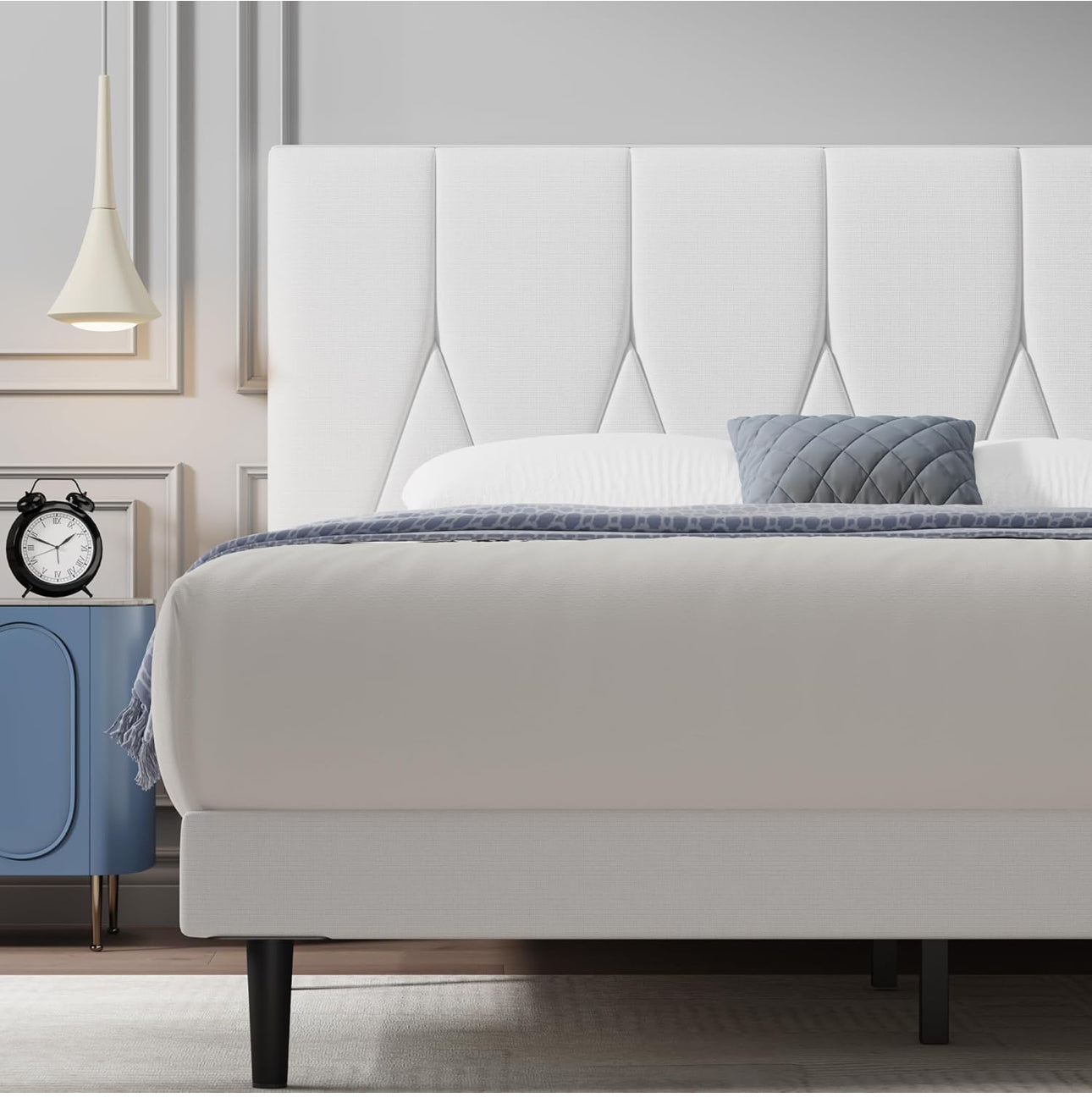 Double Bed Frame, White, Upholstered