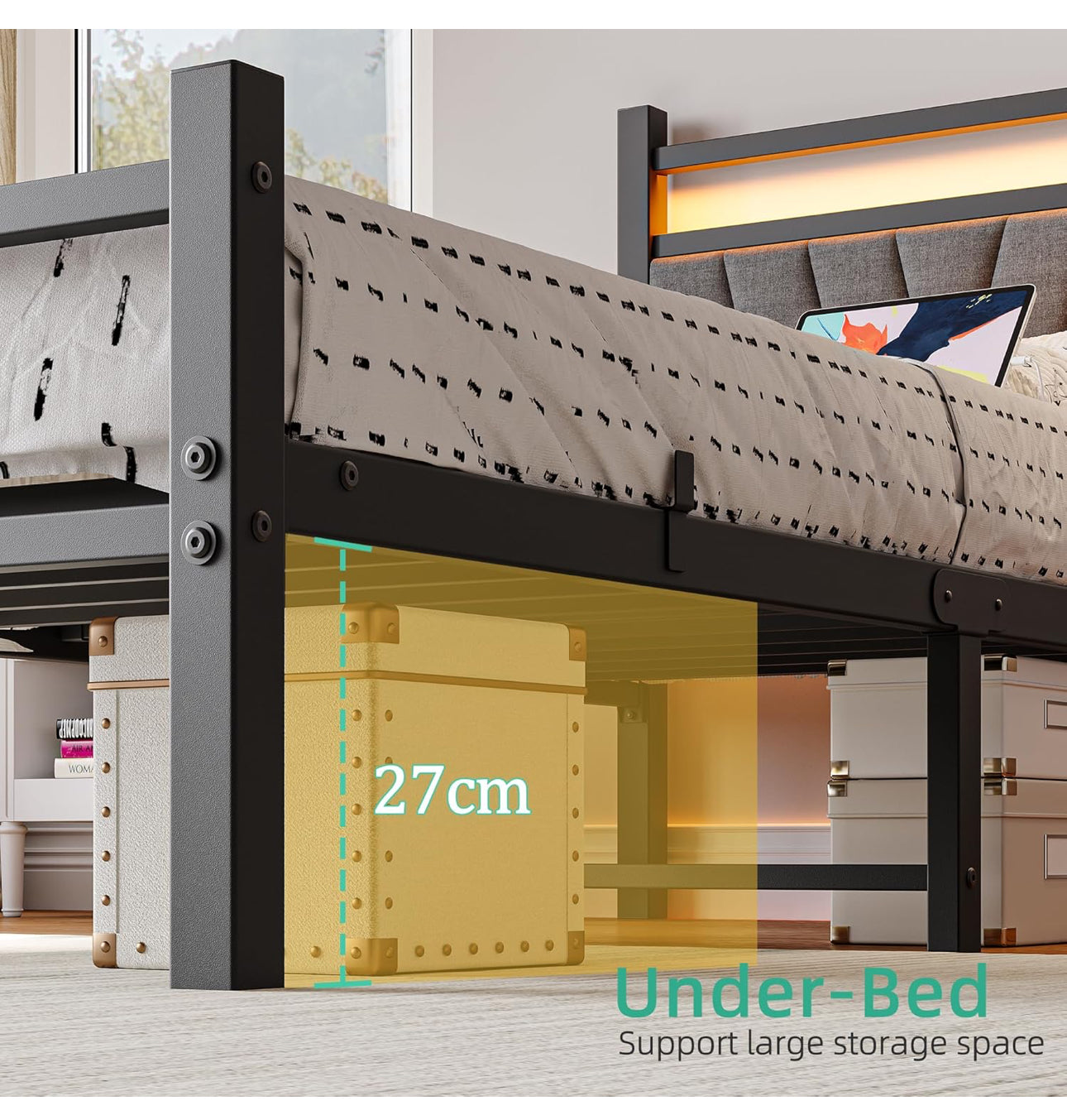 Bed frame with Headboard and USB Charging Station