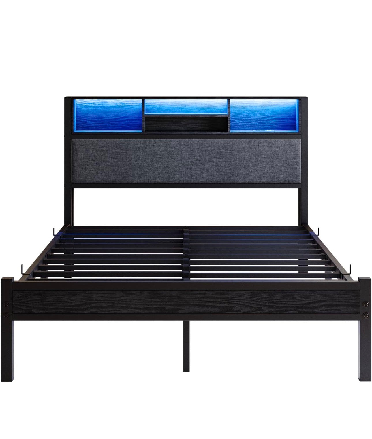 4ft6 Double Size Bed Frame with Storage Shelf Upholstered Headboard