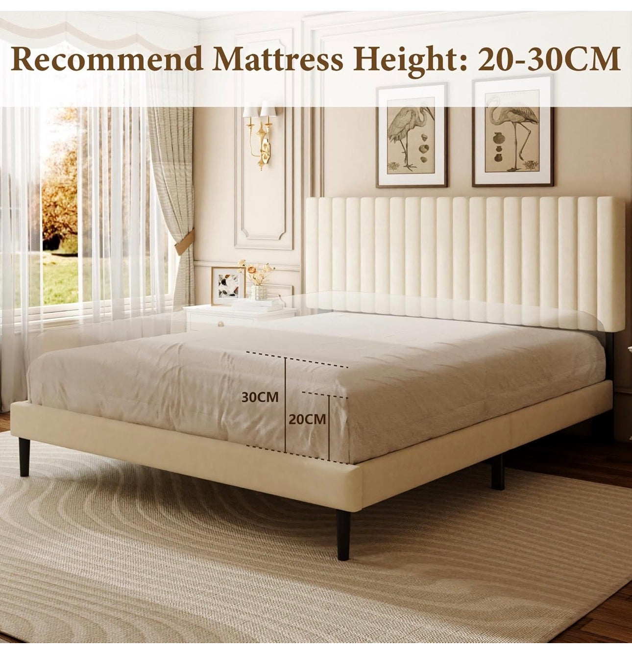 Double Bed Frame with Velvet Upholstered Headboard, King Bed Frame