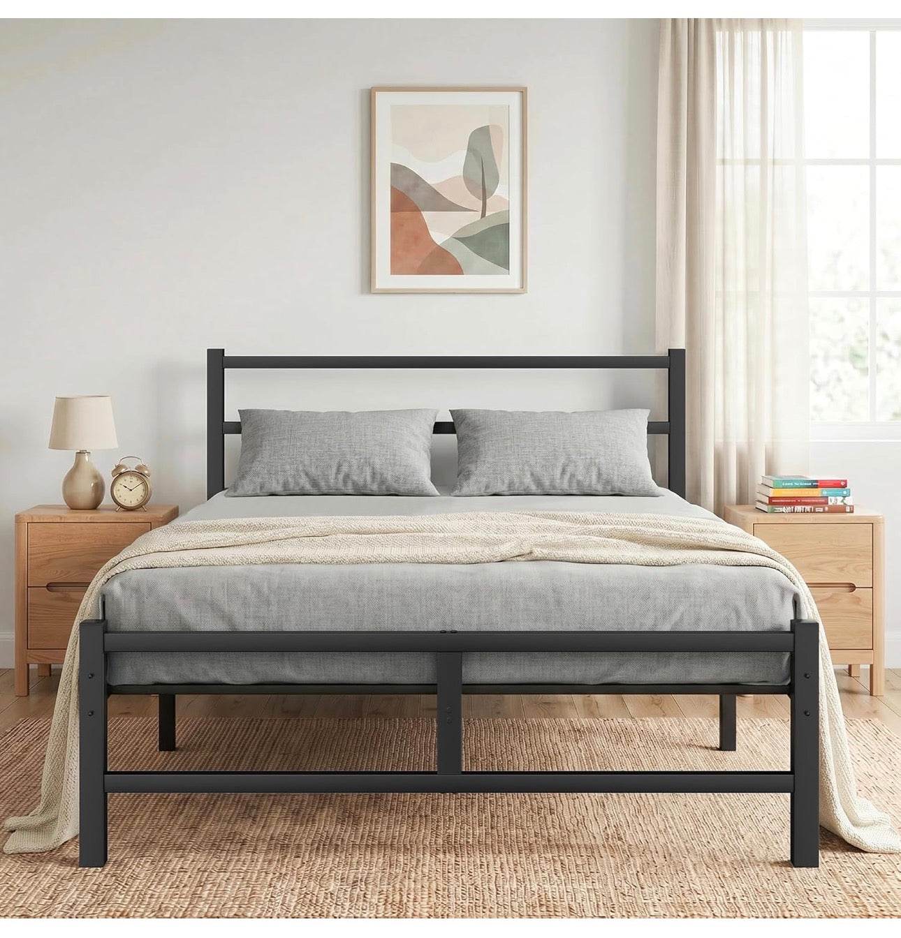 Double Bed Frame, 4ft6 All Metal Slats Support Platform Bed Frame with Under-Bed Storage Space, Easy Assembly, Noise Free, No Box Spring Needed, Black