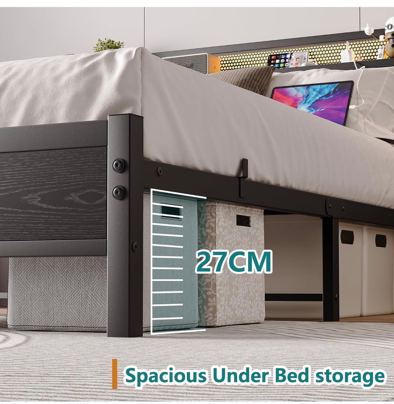 King Size Bed Frame with Storage,LED Lights,5ft Metal Bed Frame Kingsize Bed Frame with Charging Station,Mattress Foundation,Strong Steel Slats Support,Noise Free,Black