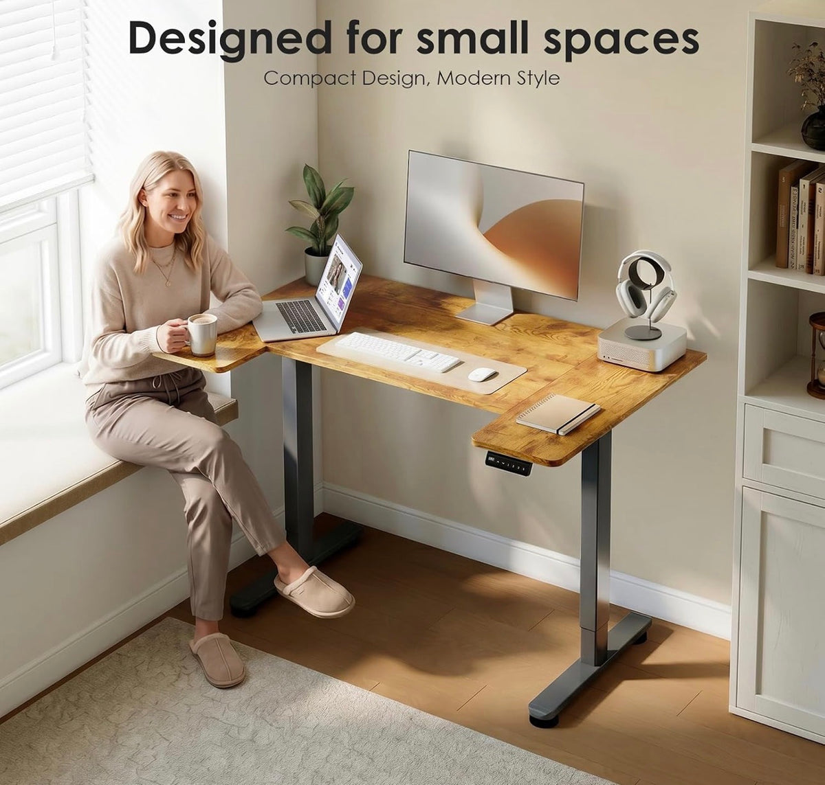 140×70cm Electric Sit Stand Desk, Ergonomic Wrap Around Computer Table, Ultra Quiet Motor for Home Office Living Room, Brown