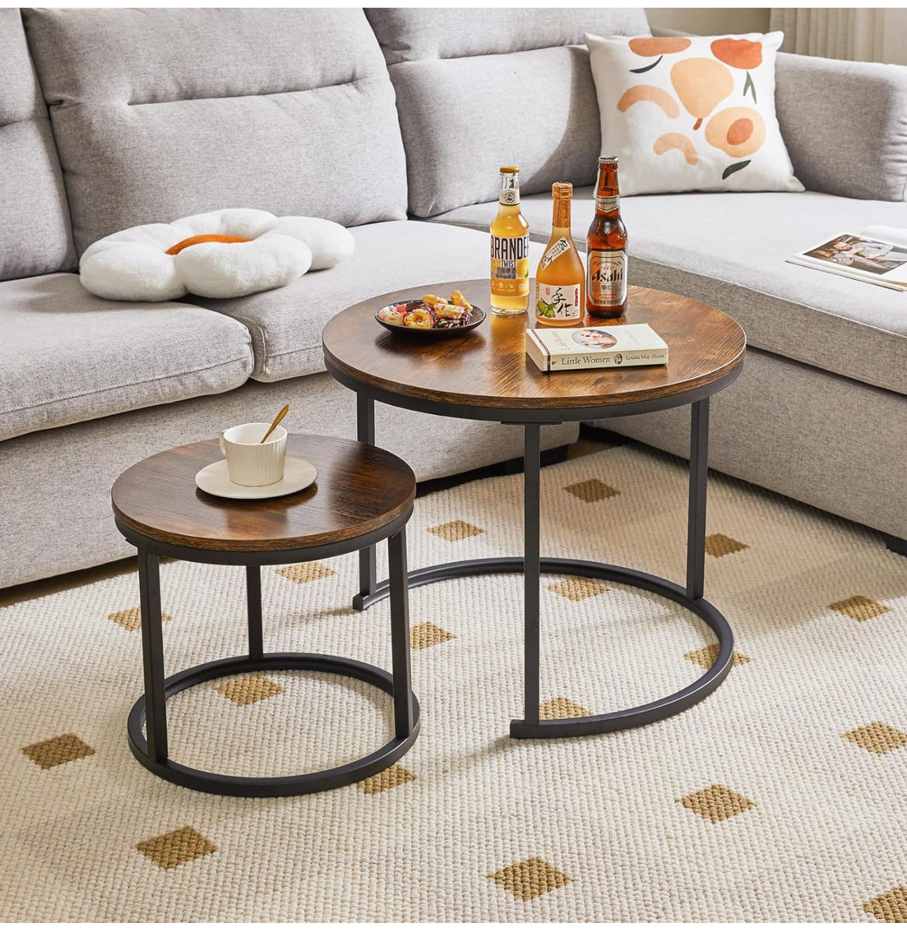 Round Nesting Table, Removable Set of 2 Coffee Tables