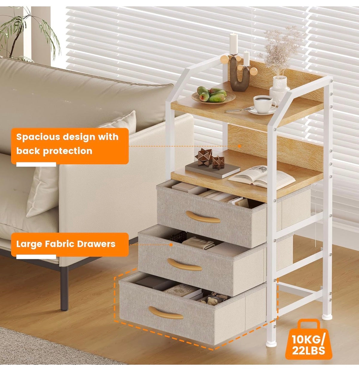 Bedside Table with 3 Fabric Drawers and Open Shelf, Nightstand for Bedroom, Living Room, Small Spaces – Metal Frame & Wooden Top, Compact Sofa End Table with Storage for Home Décor, Khaki