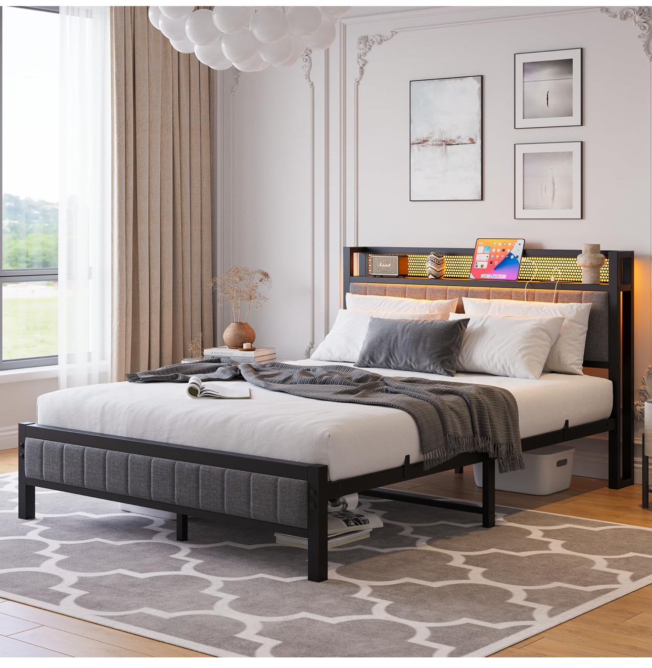 Upholstered Bed Frame Double Bed with Charging Station