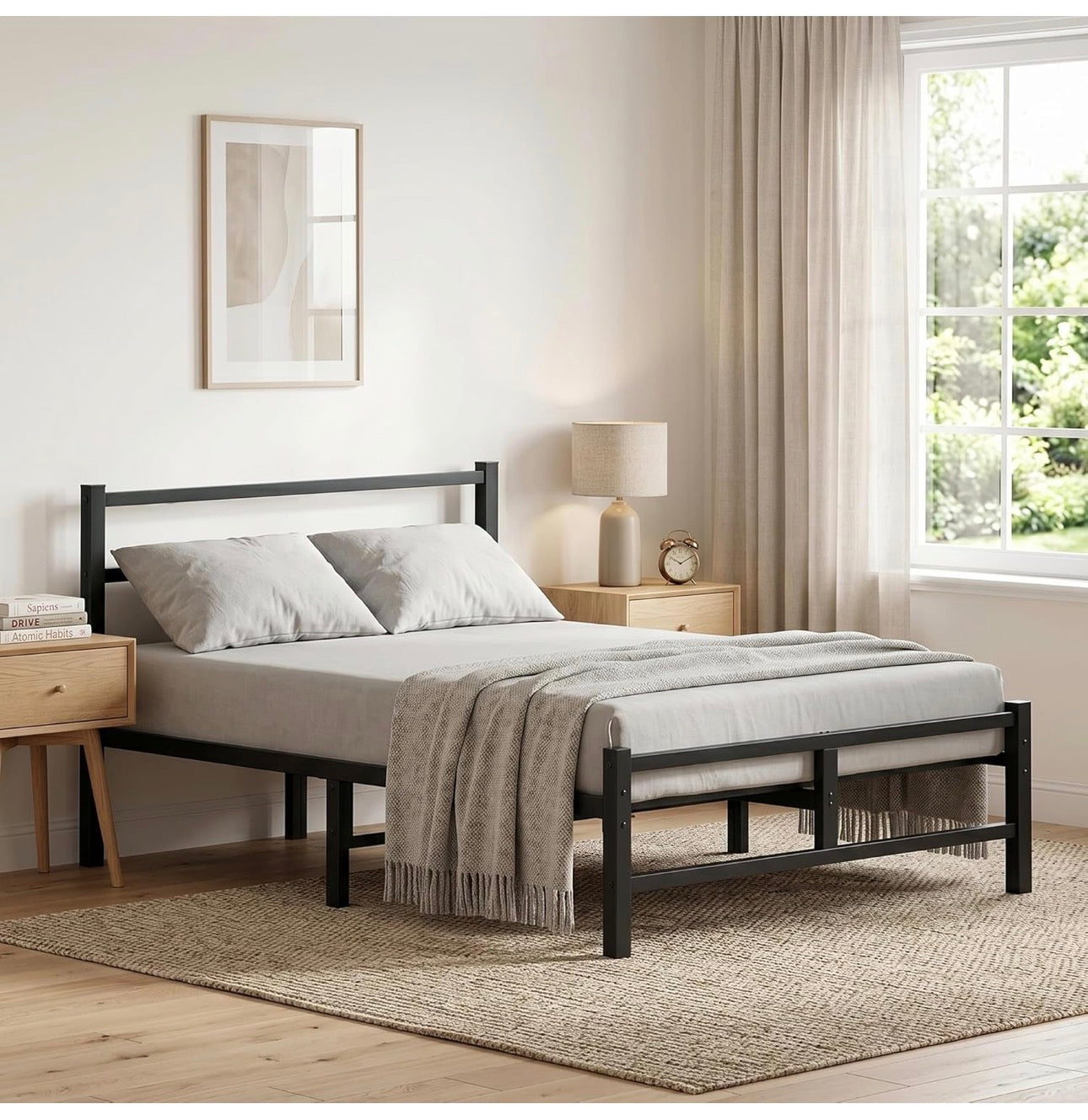 Double Bed Frame, 4ft6 All Metal Slats Support Platform Bed Frame with Under-Bed Storage Space, Easy Assembly, Noise Free, No Box Spring Needed, Black