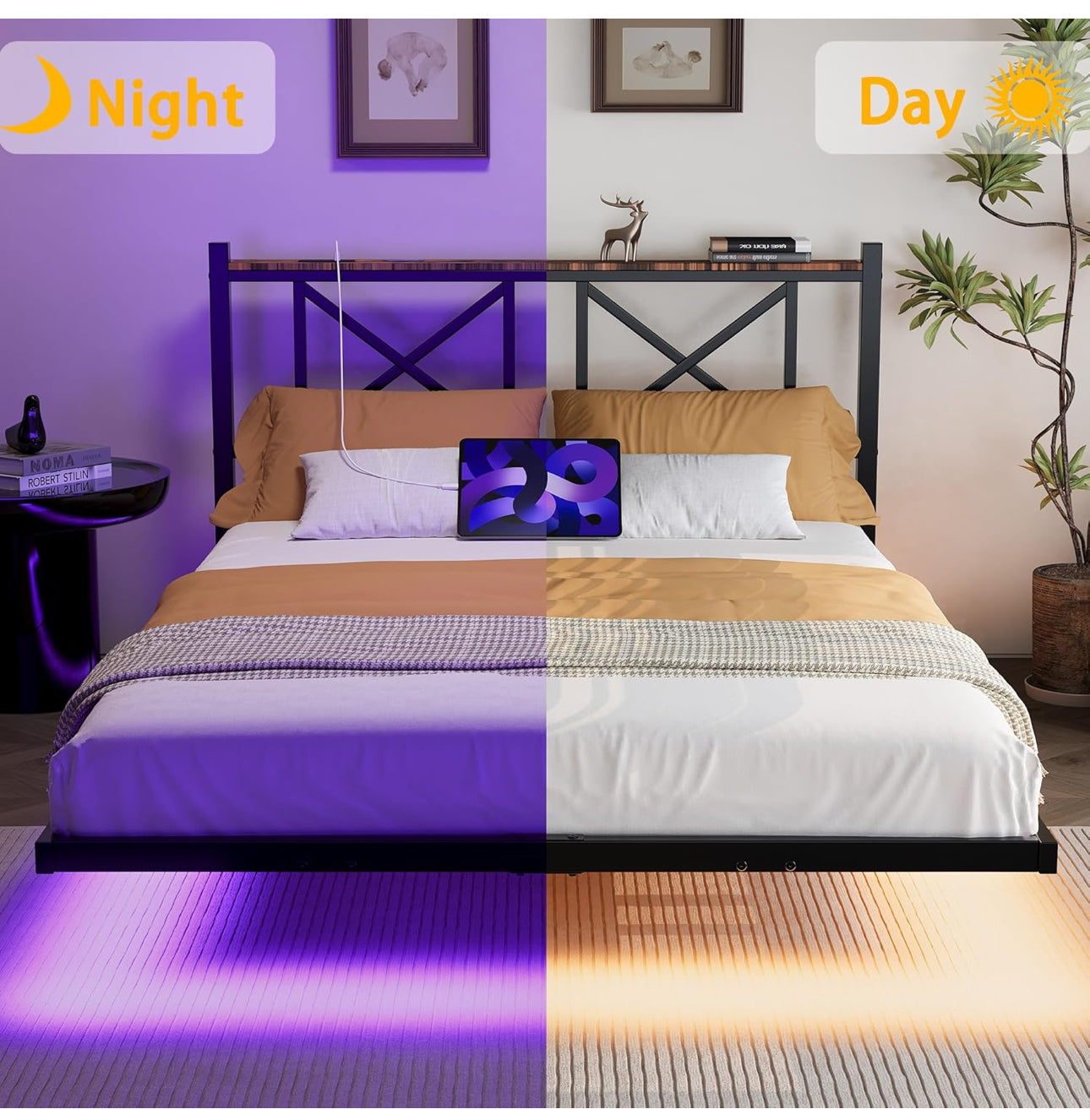 Double Floating Bed Frame with LED Lights and Charging Station