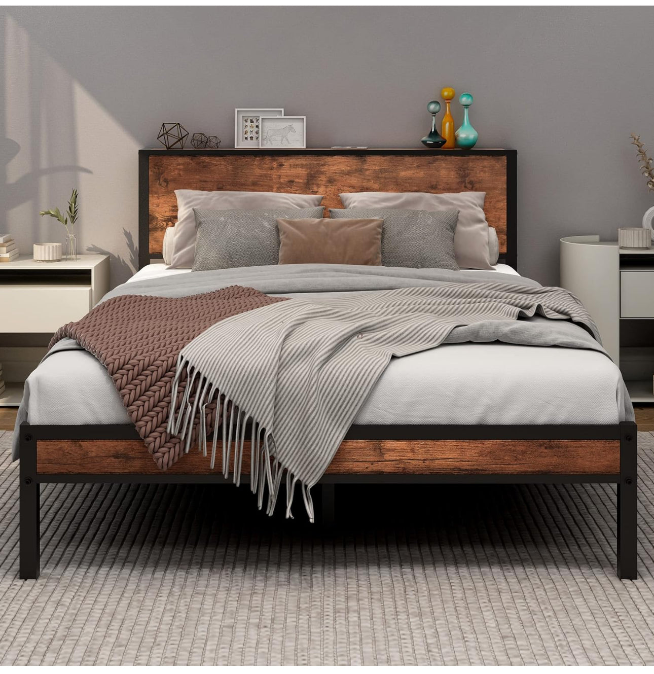 Double Bed Frame with Wooden Storage Shelf Headboard