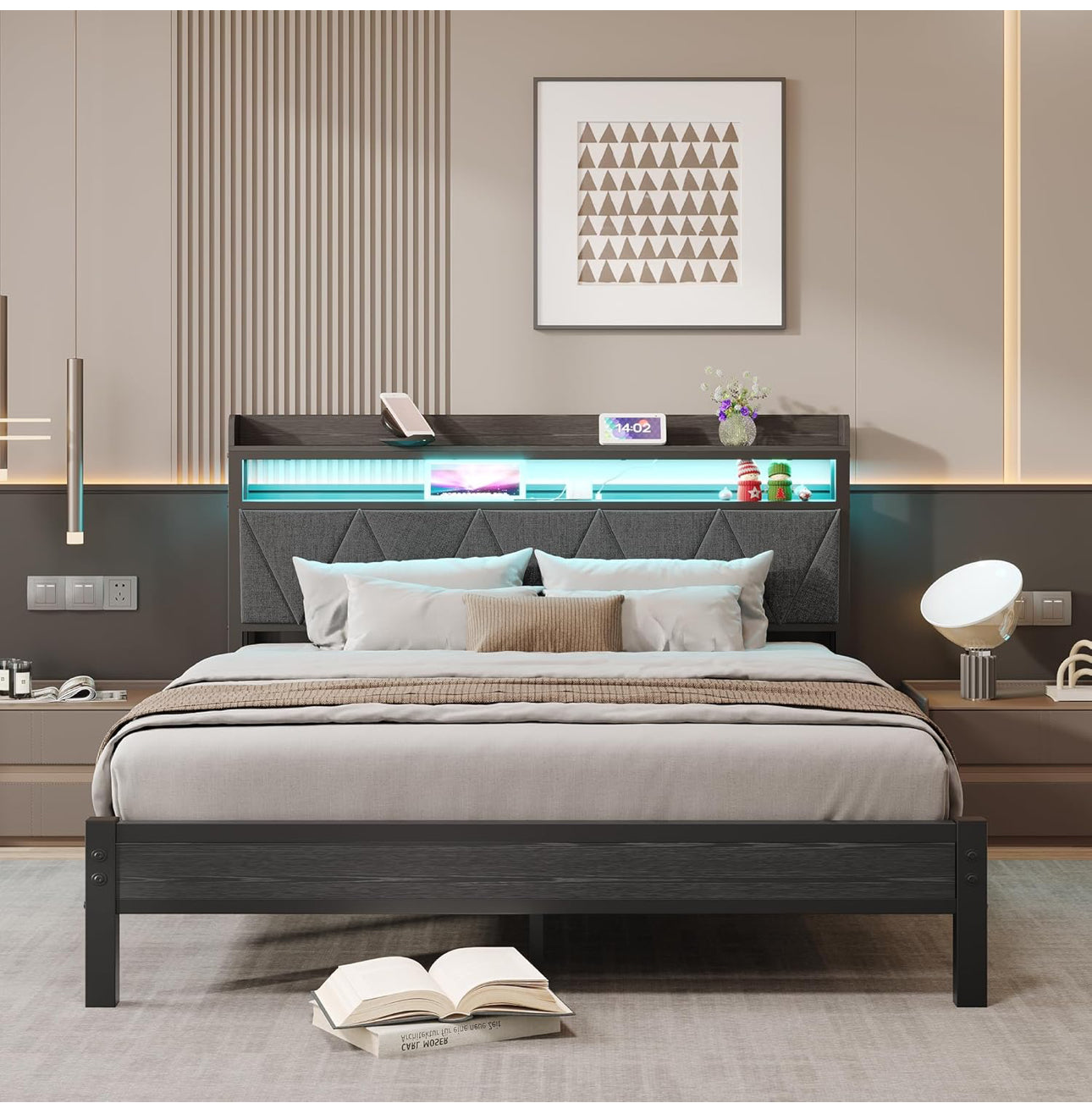 King Bed Frames with 5ft Upholstered Wooden Two-shelf Storage Headboard, Charging Station,LED Lights