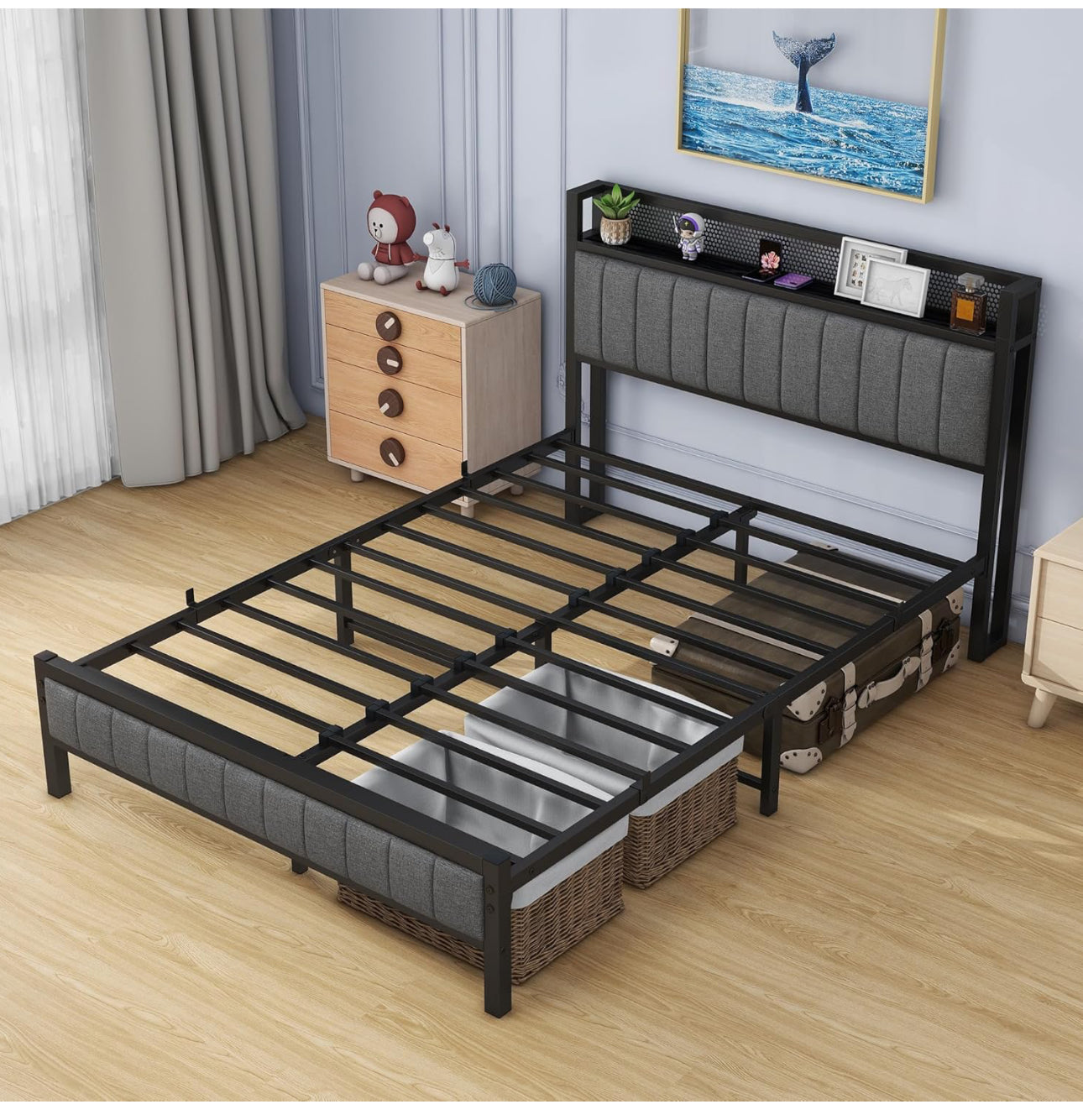 Double Bed Frame with Wooden Storage Headboard Shelf