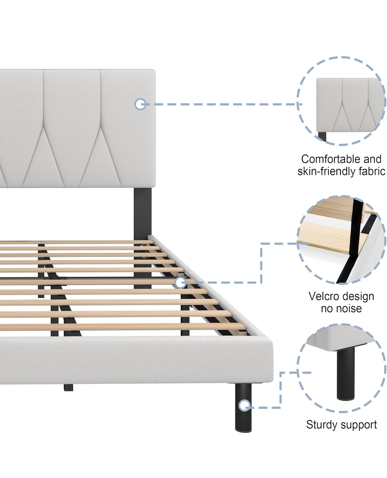 Double Bed Frame, White, Upholstered