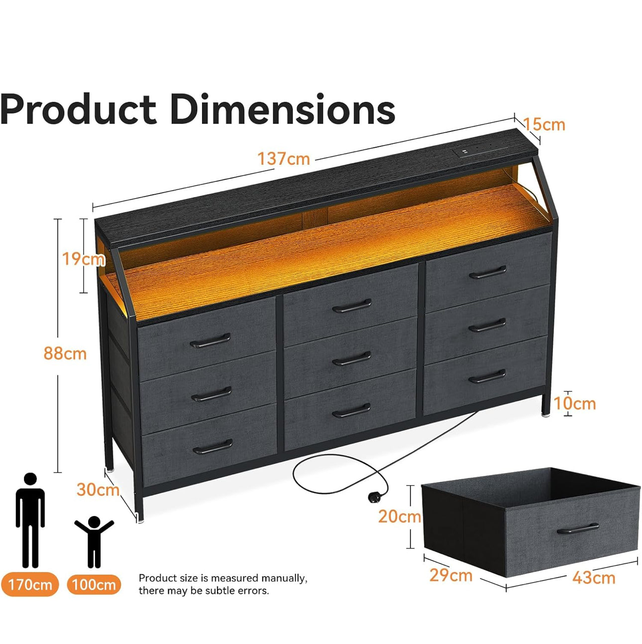 Black Chest of Drawers Bedroom with 9 Fabric Drawers, Storage Dresser with 2 Sockets 2 USB Ports and LED Light