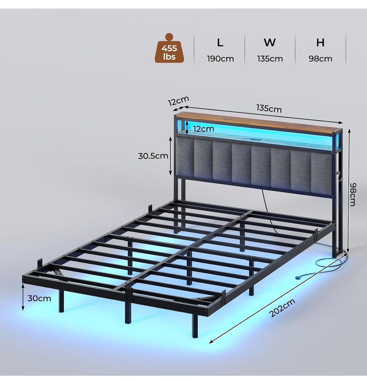 Double Bed Frame 135x190 cm with Floating Visual Effect, 4ft6 Metal Bed Frame with Adjustable LED Lighting and Charging Station, Double Bed with Headboard, Dark Grey (Mattress Not Included)