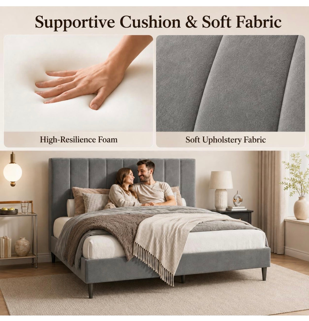 4ft6 Double Bed Frame with Velvet Upholstered Headboard, Grey
Upholstered, Solid slats Support, No Box Spring Needed, Easy Assembly,Underbed Storage,ideal for bedrooms, Apartments