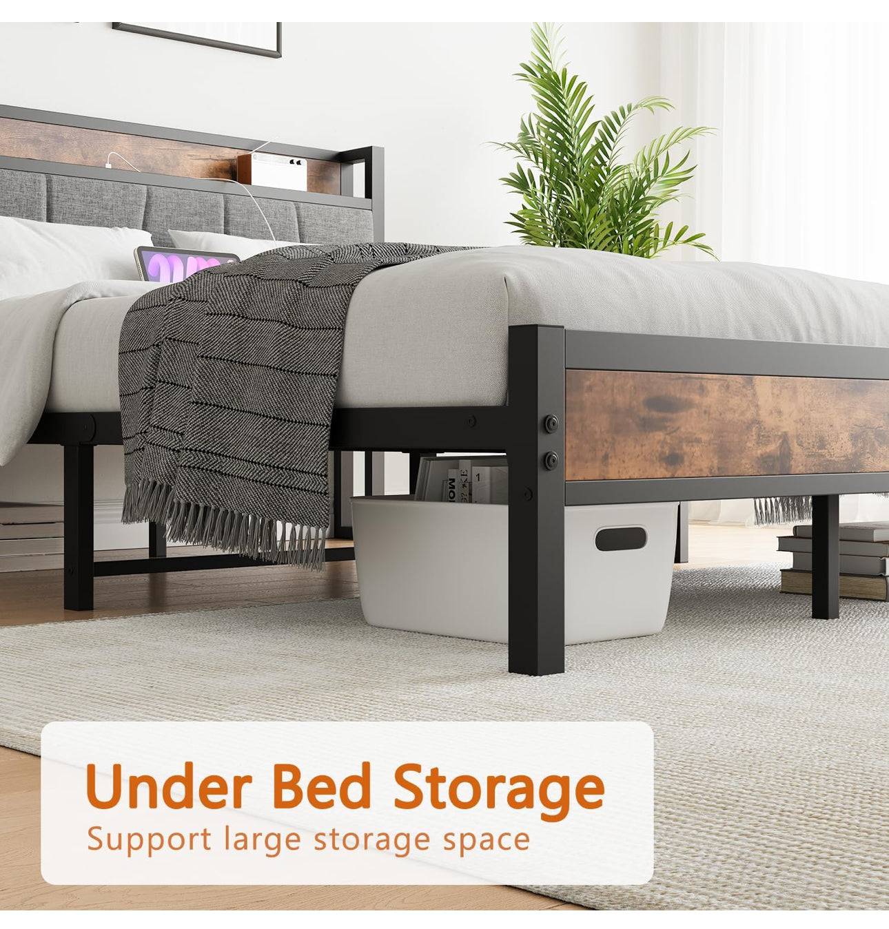 King Size Bed Frame with Storage,5ft Metal Platform Bed Frame Kingsize Bed Base with Charging Station