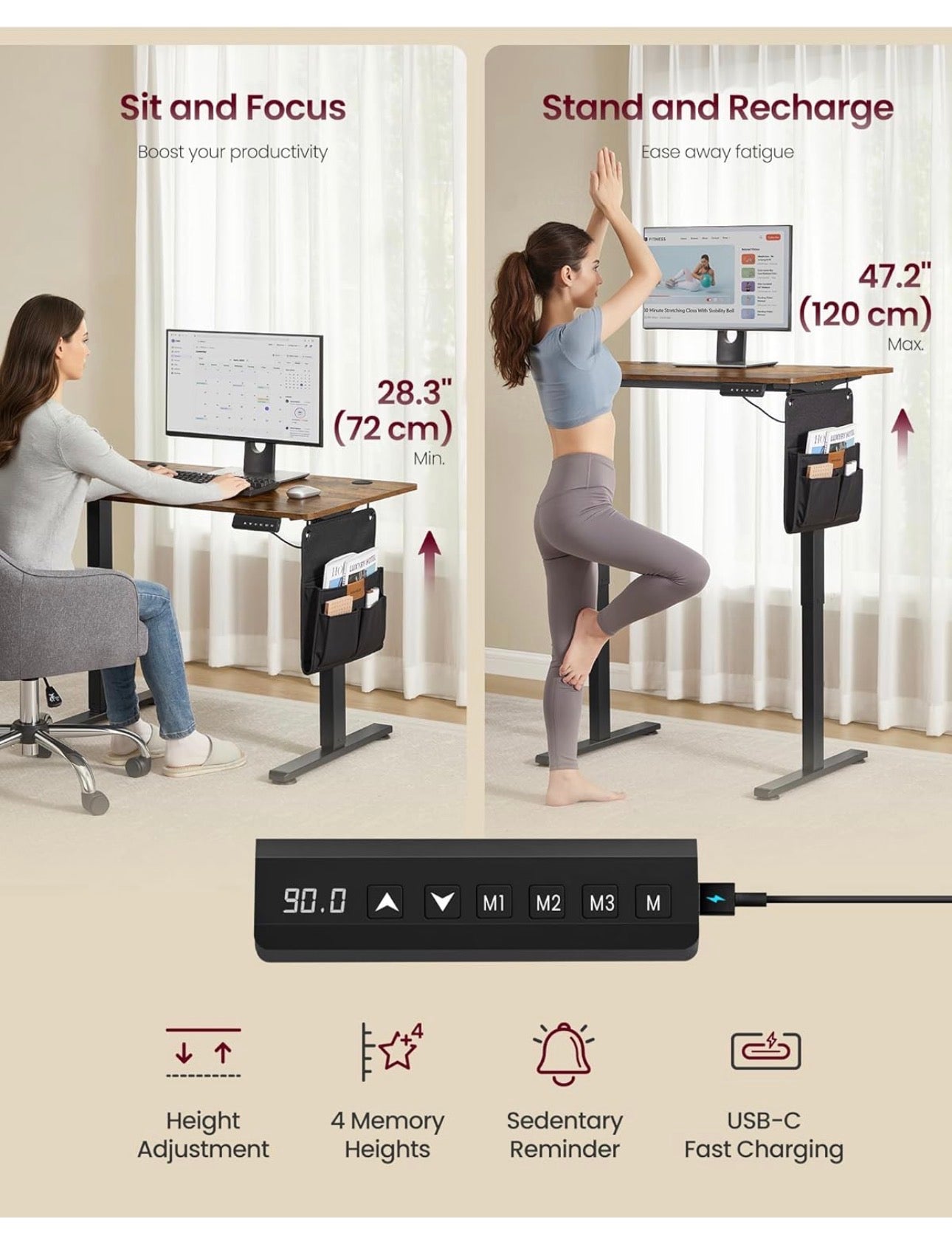 Electric Standing Desk, Height Adjustable Desk, 100 x 60 cm, Continuous Adjustment