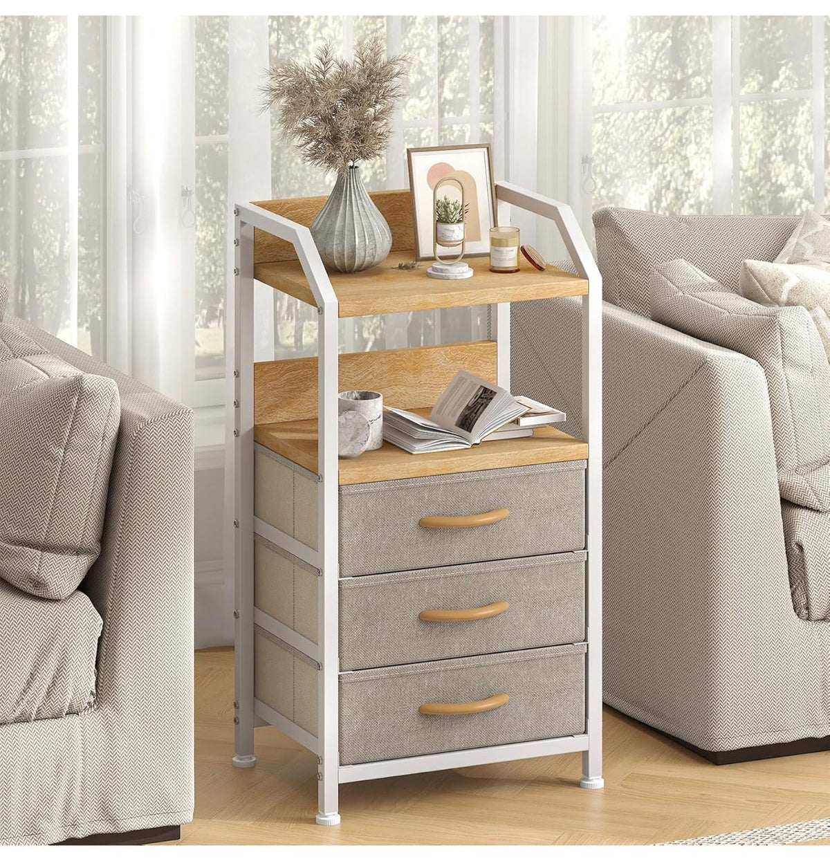 Bedside Table with 3 Fabric Drawers and Open Shelf, Nightstand for Bedroom, Living Room, Small Spaces – Metal Frame & Wooden Top, Compact Sofa End Table with Storage for Home Décor, Khaki